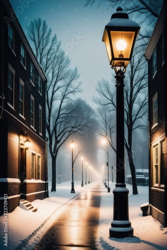 A Street Lamp Post Amidst Falling Snow, Illuminating the Wintry Night with a Soft, Enchanting Radiance by ai generated