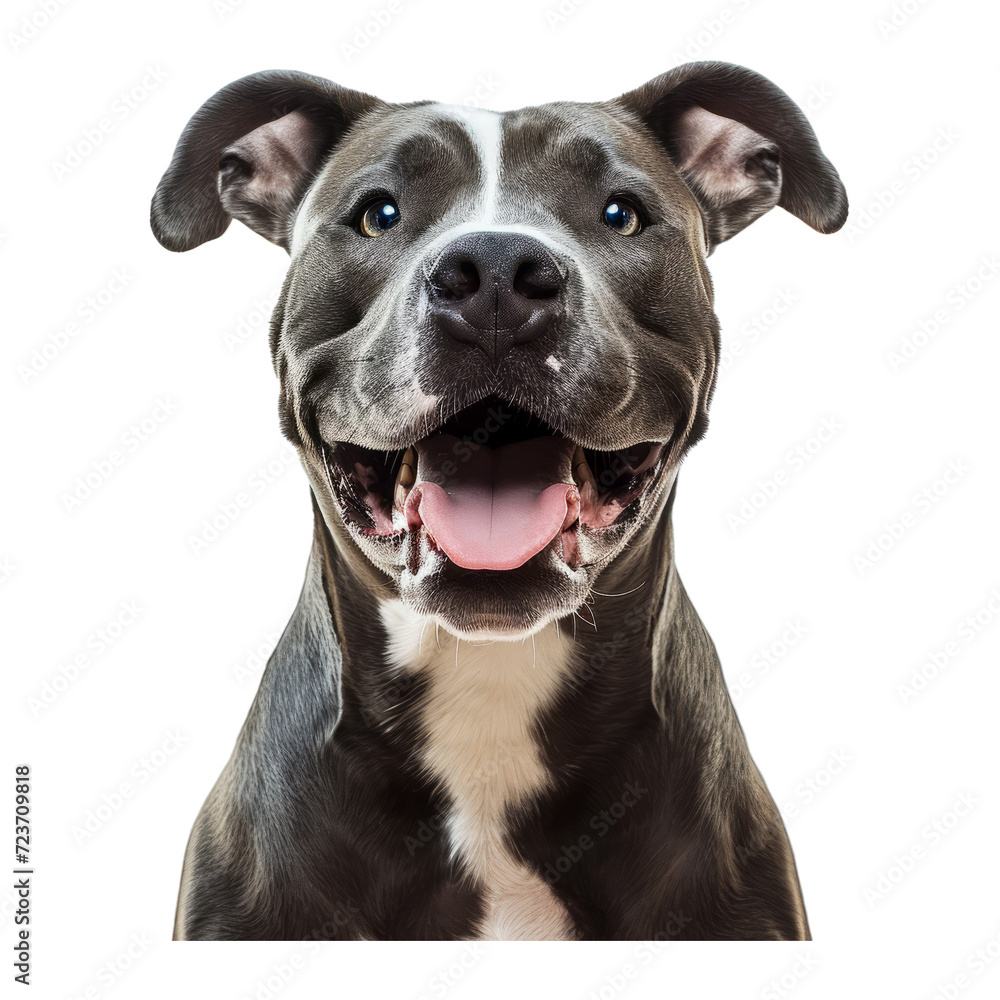 Studio portrait of a smiling pit bull dog