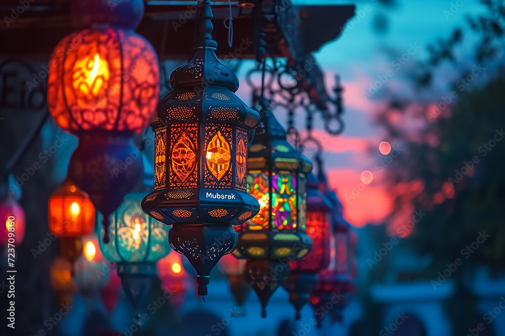 An islamic lantern with bokeh lights in the background for adha and fitr eid