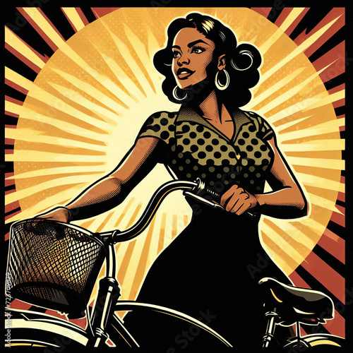 Illustration in vintage propaganda graphic style of a beautiful and proud young latina woman with a bike