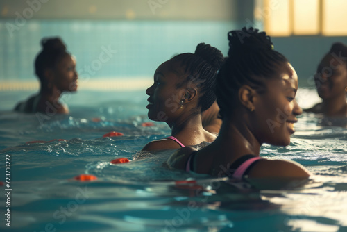 Active African women enjoying aqua fit class in a pool