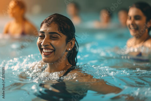Active Indian women enjoying aqua fit class in a pool