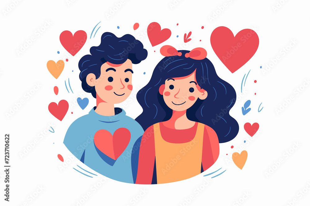 Happy little couple feel in love for valentines background with decorated hearts on white background, vector illustration, intimate bonding moment, Good relationships concept. Happy little couple feel in love for valentines background with decorated hearts on white background, vector illustration, intimate bonding moment, Good relationships concept.