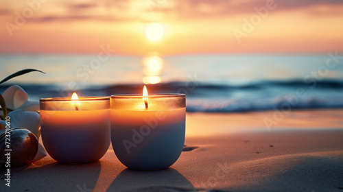 Scented candles are placed on the beach during sunset. Ai generate. © MOUNTAIN