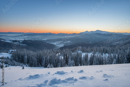 amazing mountain winter landscape with fir trees at dawn. natural Christmas background