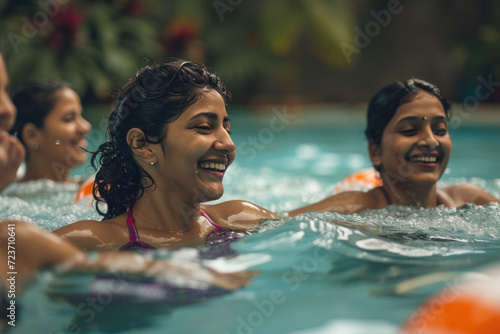 Active Indian women enjoying aqua fit class in a pool