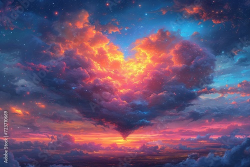 Pink Heart in the Sky: A Romantic Painting of a Cloudy Sunset Generative AI © Jhanvi