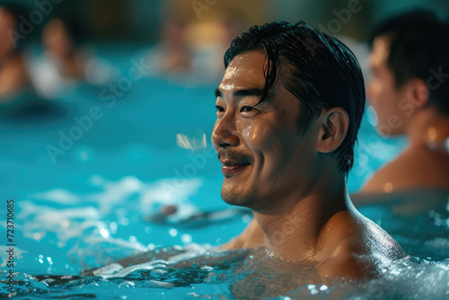 Active Asian men enjoying aqua fit class in a pool