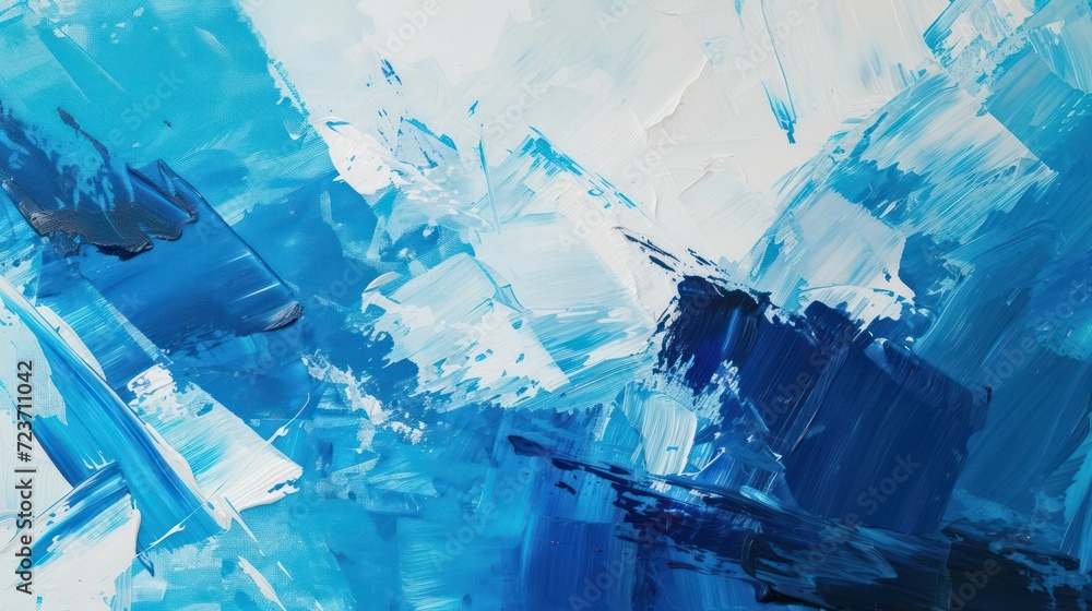 Blue and white oil painting on canvas, forming the basis of an abstract ...