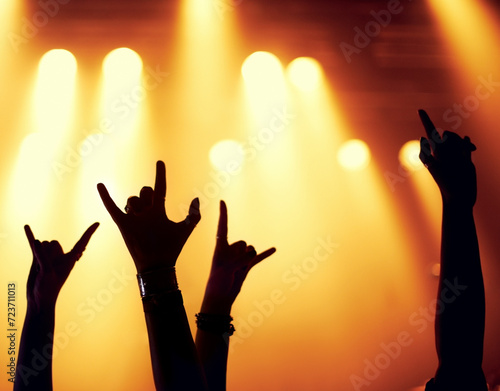 Rock, concert and silhouette of hands with fans in celebration of music, festival and event at night with energy. People, party and emoji sign for metal or support at rave with light from stage
