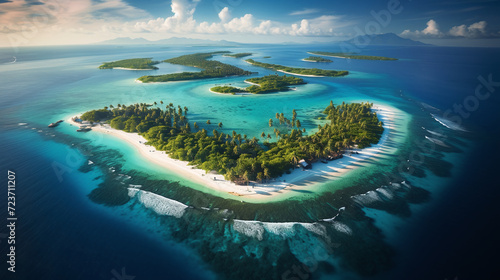 The island with its green forests and blue waters is similar to the Maldives. Ai generate.
