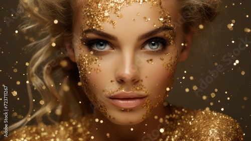 Woman on golden glitter background