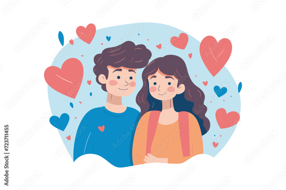 Happy little couple feel in love for valentines background with decorated hearts on white background, vector illustration, intimate bonding moment, Good relationships concept. Happy little couple feel in love for valentines background with decorated hearts on white background, vector illustration, intimate bonding moment, Good relationships concept.