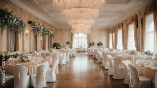 Banquet hall for weddings, banquet hall decoration, atmospheric decor. Generative AI.