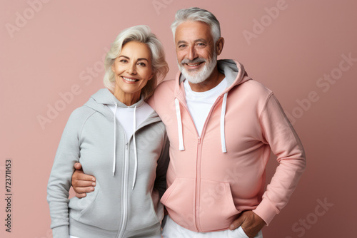 Portrait of Elderly caucasian smiling couple posing together over pink background. Mature adults wear activewear sportswear. Sport fashion clothes for retired people man and woman. Copy space