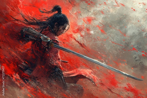 Canvas Print Fiery Warrior: A Samurai's Red Blade Generative AI