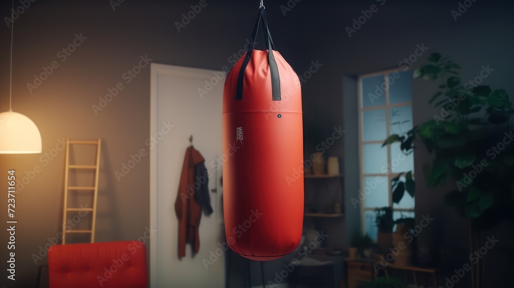 The concept of sports, active living, and wellness is represented by a red punching bag hanging in a room.