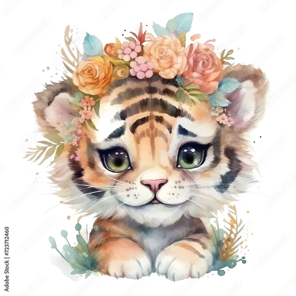 Watercolor cute clipart tiger with flowers on transparent background. sublimation, tshirt, mug, pillow, tumbler, print