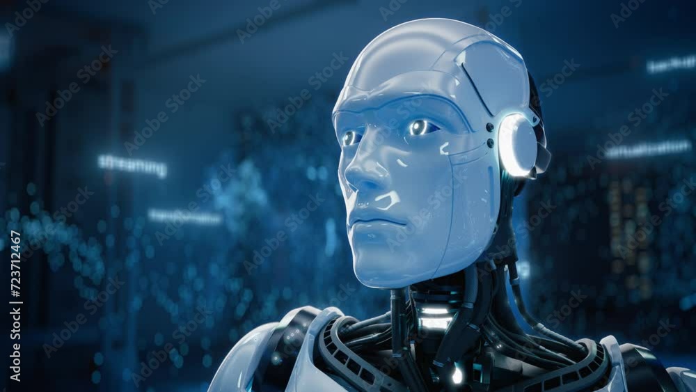 Artificial Intelligence Robot Activates Industry 4.0 with a Dynamic Touch Gesture. Humanoid Works with Internet Information, Cloud Computing, Neural Big Data, Machine Learning Concept. 3D VFX Concept Artificial Intelligence Robot Activates Industry 4.0 with a Dynamic Touch Gesture. Humanoid Works with Internet Information, Cloud Computing, Neural Big Data, Machine Learning Concept. 3D VFX Concept