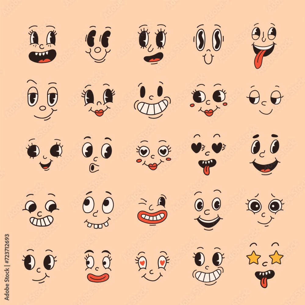 Fototapeta premium Set of 70s groovy comic faces vector. Collection of cartoon character faces in different emotions happy, angry, sad, cheerful. Cute retro groovy hippie illustration for decorative, sticker.