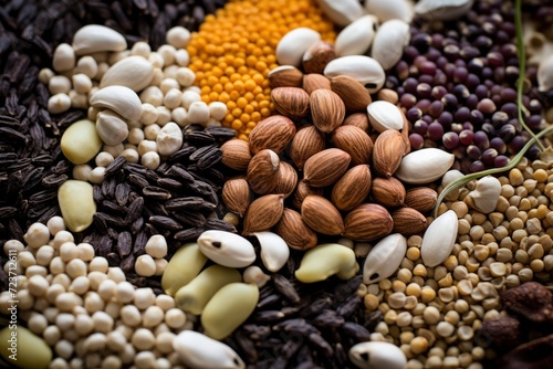 Top view of a diverse selection of colorful legumes and nuts arranged neatly in containers, ideal for healthy eating concepts.Generative ai 