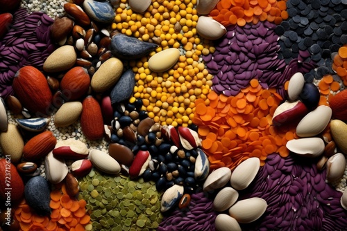 Top view of a diverse selection of colorful legumes and nuts arranged neatly in containers, ideal for healthy eating concepts.Generative ai
 photo