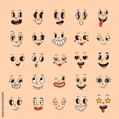 Set of 70s groovy comic faces vector. Collection of cartoon character faces in different emotions happy, angry, sad, cheerful. Cute retro groovy hippie illustration for decorative, sticker.