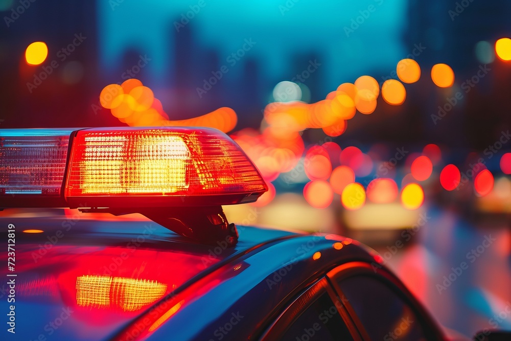 Red and blue flashing lights on a police car close-up, blurred night ...