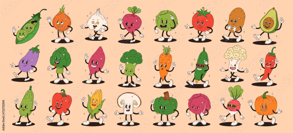 Naklejka premium Funny vegetables retro cartoon characters sticker set. Modern label with cute comics characters. Hand drawn doodles of comic mascot. Set in modern cartoon style. 70s retro vibes.