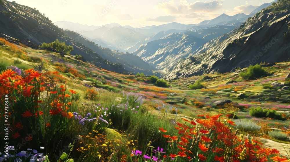 Sunlit Mountain Valley Blooming with Colorful Wildflowers in Illustrative Landscape Art