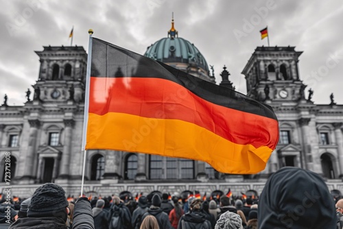 German Unity Flag Raised in Front of Historic Building Generative AI photo