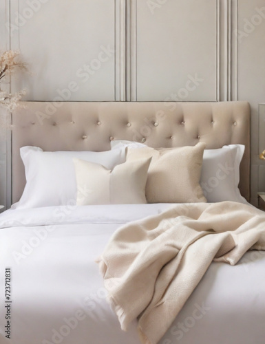 White pillow and blanket on bed decoration interior of bedroom. Generative AI.