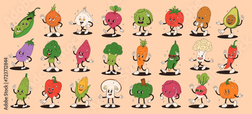 Funny vegetables retro cartoon characters sticker set. Modern label with cute comics characters. Hand drawn doodles of comic mascot. Set in modern cartoon style. 70s retro vibes. © tanyabosyk