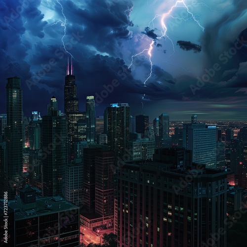 City skyline night scene with lightening storm
