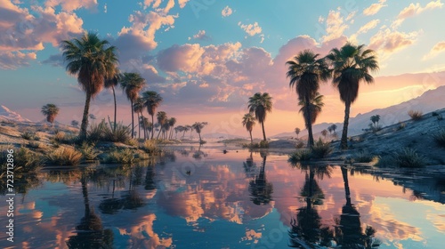 Serene Oasis Landscape at Sunset, Palm Trees Reflecting on Tranquil Water, Illustration Style Scenery © stock photo
