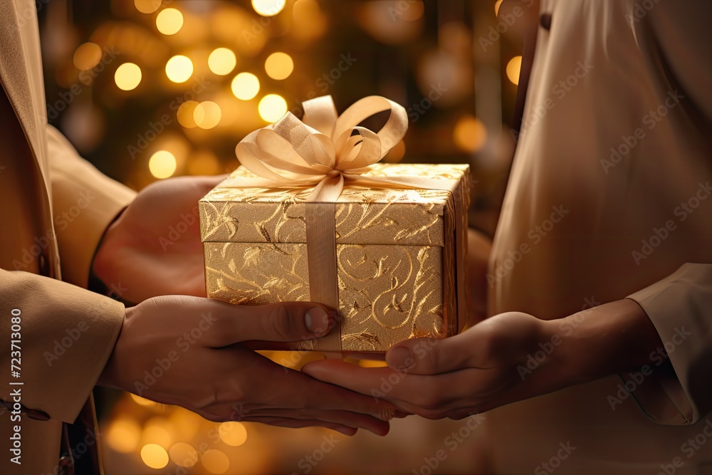 close up of gift box in hands, one person gives a present to another close up of gift box in hands, one person gives a present to another