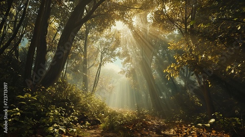 Sunlit Forest Pathway  Lush Greenery and Beaming Sunrays in a Tranquil Woodland Illustration