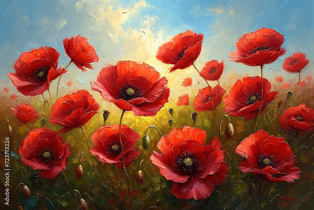Obraz premium Blooming Beauties: A Vibrant Painting of Red Poppies in a Field Generative AI