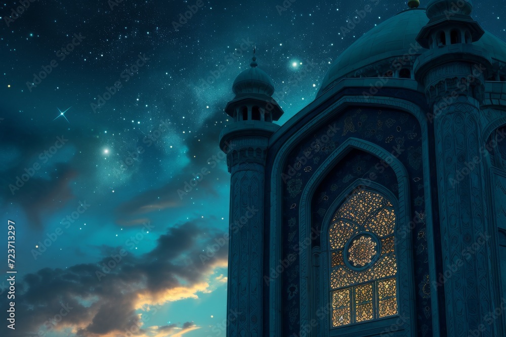 beautifully crafted mosque under a starlit night sky