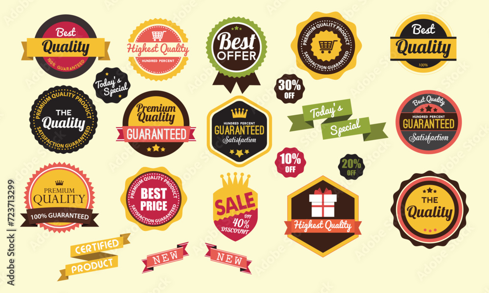 Best choice, order now, special offer, new and big sale banners. Red ribbons, tags and stickers. Vector illustration. Bestseller tag, best selling tag, offering tag, discount tag, sale tag, guarantee 