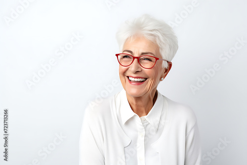 older woman with white hair and red glasses smiles on white background