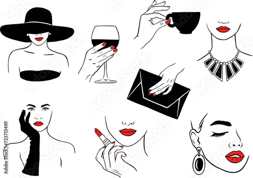 Elegant woman hand drawn vector icons, graphic, red lipstick, hand, line art minimal illustration, beauty and fashion model, woman face (ID: 723713449)