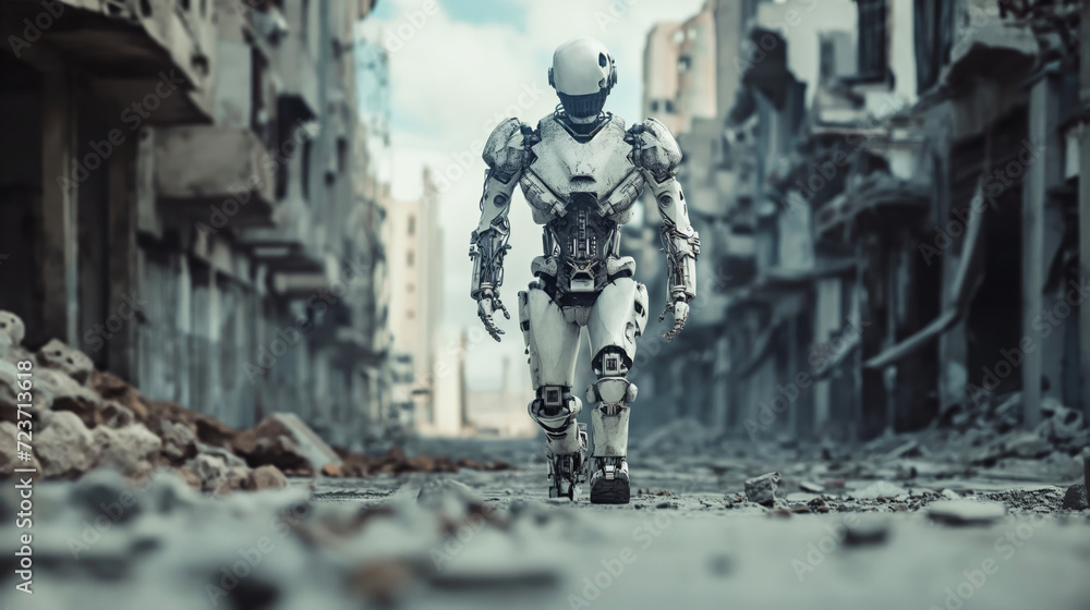 Robot walking down a street in a destroyed city in an apocalyptic world Robot walking down a street in a destroyed city in an apocalyptic world