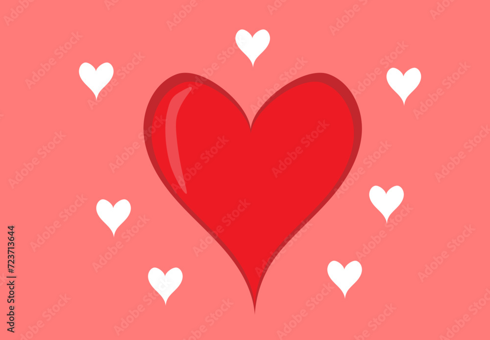 the red heart is large around the small hearts are white on a pink background