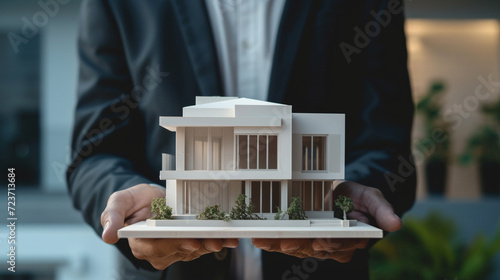 Businessman holding the townhome model for advertisement.  photo
