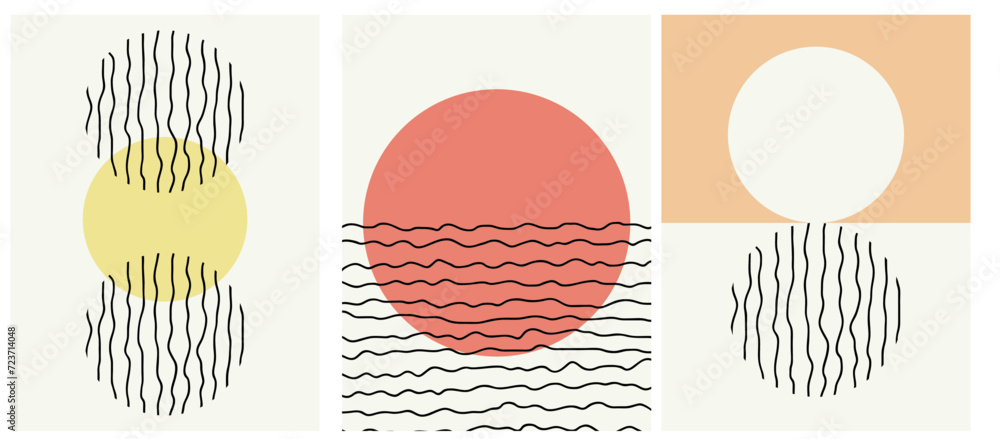 collection of modern simple minimalistic abstractions with colored geometric shapes circles with black lines on a beige background