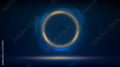 Stage with golden blue circular lighting background, spot of light on floor dark backdrop. Illuminated stage. Background for displaying products. Shimmering glittering particles. Vector illustration