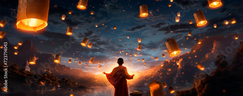 A lone monk observes a sky filled with lanterns symbolizing liberation and enlightenment against the backdrop of a mountain temple at dusk. meditative spiritual practices and retreats. Sampognition photo