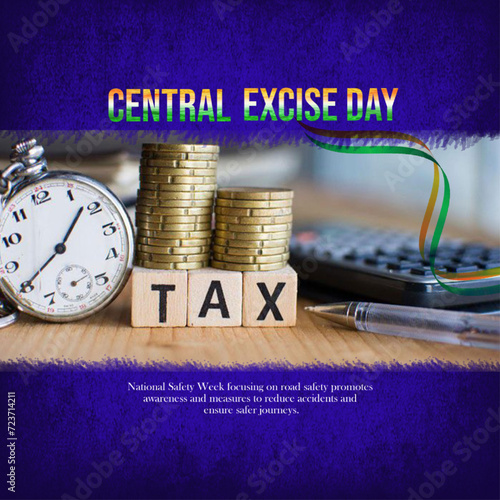 Central Excise Day Poster - Golden Lion on Yellow Background: Commemorate Central Excise Day with this powerful poster showcasing a golden lion and the Indian flag