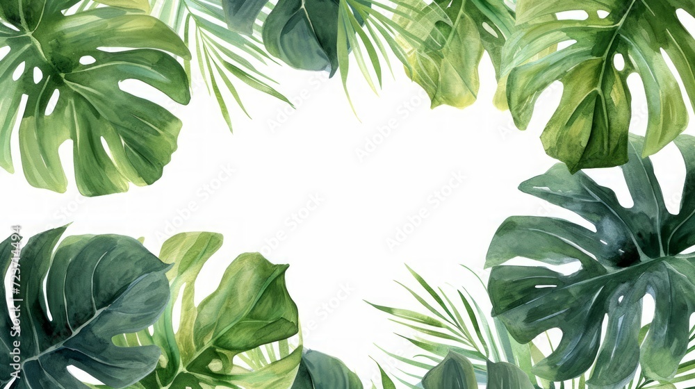 Watercolor Monstera Leaf. Cute watercolor Philodendron tropical leaves. Banner, wallpaper, green background, exotic tropical wall, abstract floral pattern, illustration. - obrazy, fototapety, plakaty 